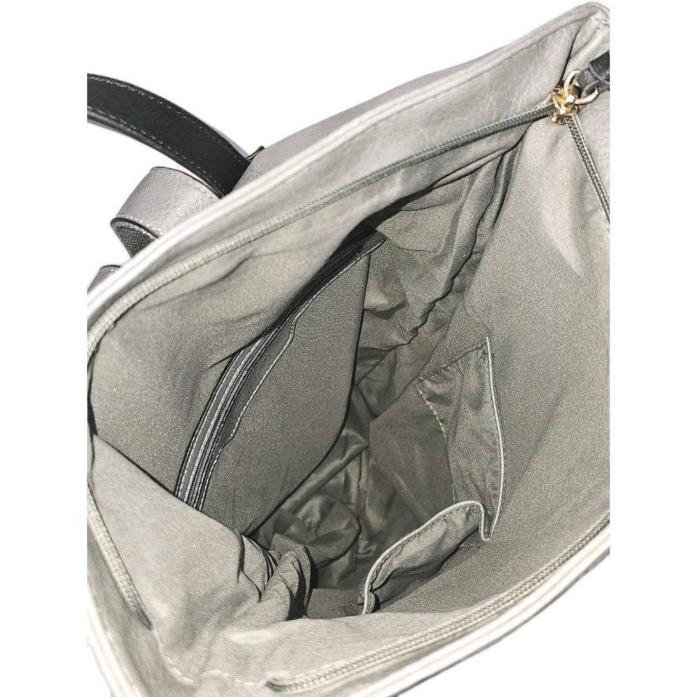 Grey Faux Leather Fold Over Bucket Shoulder Convertible Backpack Purse 6 Pocket - Picture 8 of 10